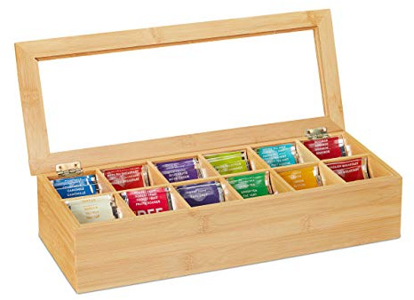 Relaxdays Teebox, Bambus, 12 Fächer, Teekiste mit Sichtfenster, natur | Organizer für Teebeutel, HxBxT: ca. 9x41x16 cm