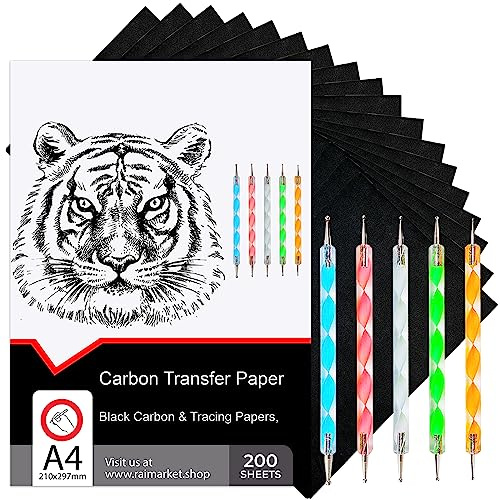 Raimarket 200 Blätter Schwarzes Kohlepapier, Transferpapier | Zeichnen von Entwürfen mit pauspapier | Premium-Qualität Graphitpapier