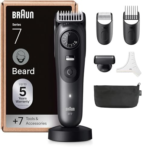 Braun Barttrimmer Series 7, Elektrischer Bartschneider Herren mit 7 Zubehörteile, Lebenslang scharfe Klinge, 120 Min Akkulaufzeit, Kabelloser Bartrasierer, 40 Längen, Wasserdicht, BT7525, Grau