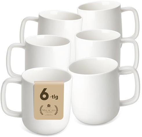 MALACASA LUNA Weiß Porzellan Kaffeebecher 6er Set, 300ml | Moderne Kaffeetassen Geeignet für Kaffee, Tee, Saft, Latte, Cappuccino sowie warmen Kakao im täglichen Gebrauch