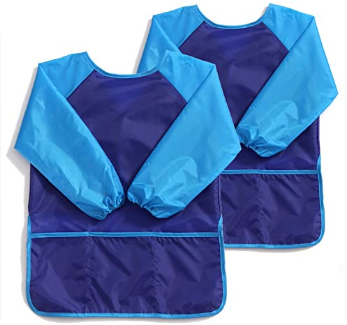 Torytoe 2 Stück Malkittel kinder, Wasserdicht Kinder Malschürze 7-12 Jahre Mädchen/Junge, Bastelschürze mit Ärmeln und 3 Taschen, Malerkittel für Schule Kunst Malerei, Kochen, Essen
