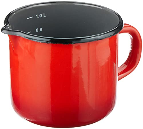 Karl Krüger Rom Milchtopf aus Emaille mit Ausguss in der Farbe Rot-Grau 1L, Maße: 12cm x 12cm x 11cm, 17012 RO