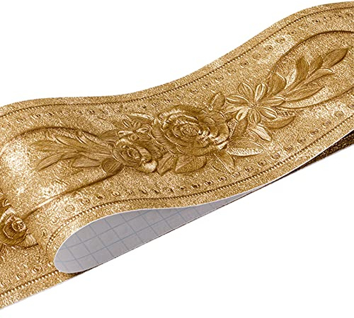 HBOS Selbstklebende Bordüre Gold Wandtattoo 3D PVC 10cm x 500cm Rosenmuster Wasserdicht & Abnehmbar Schimmel Schmutzabweisend Wand Fliesenaufkleber für Wohnzimmer Bad & Küche