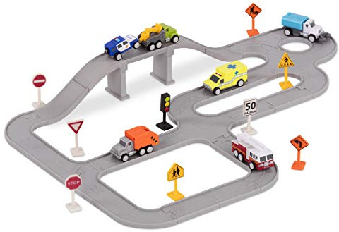 DRIVEN by Battat - Safe & Clean City Crew (57-teilig) - Spielzeugauto Spielset für Kinder - 57-teiliges Stadt-Spielset - Anschließbare Tracks - Spielzeugfahrzeuge und Verkehrsschilder - 3 Jahre +