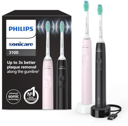 Philips Sonicare 3100 elektrische Zahnbürste, Schallzahnbürste, Andruckkontrolle und Timer, Sugar Rose und Schwarz, Zweierpack, Modell HX3675/15