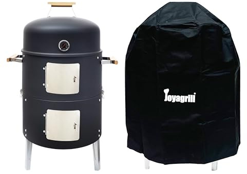 Joyagrill 17-1/2 Inch BBQ Smoker Grill with Cover Built-in Thermometer, Air Vent and Access Doors, Two Layers Multi-functional Meat Smoker Grill with 3 Bamboo Handles, Ideal for Parties, Camping BBQ