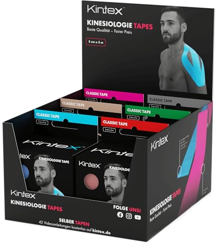 Kintex Kinesiologie-Tape Classic - selbstklebend, elastisch, wasserfest und antiallergisch - Sport- und Kinesiotape zum Einsatz bei Sportverletzungen - 6 Rollen à 5 cm x 5 m
