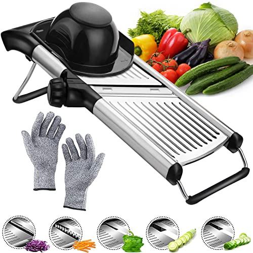ADOV Gemüseschneider, Multifunktion Mandoline Gemüsehobel mit Edelstahl Klingen, Professionelle Verstellbar Julienne Küchenreibe mit Handschuhen für Hobeln von Obst Gemüse Karotte Kartoffel Zwiebel