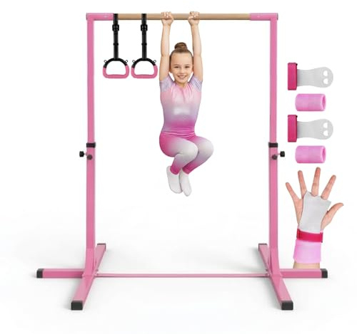 Gym Bar® Kinder Turnstange Rosa 13 Stufen mit rosa Turnringen | Kinder Turnstange Höhenverstellbar 90 bis 150 cm, 2 Ringe, Stahl, Buche, Verstellbare Gurte, Max. Belastung : 45 kg