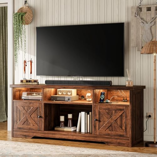 Coleshome TV Schrank, Lowboard mit Steckdosen, USB und LED, TV Board mit 4 Offenen Fächern und 2 Schränken Eignet er Sich, Fernsehtisch für Wohn- und Schlafzimmer, 150 x 35 x 65cm, Nussbaum