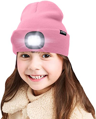 ATNKE Kids LED beleuchtete Mütze mit Licht, USB Wiederaufladbare 4 LED Scheinwerfer wasserdichte Winterwärmer Strick Nachthüte mit leichten Jungen Mädchen