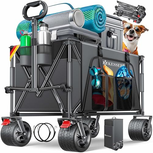 KESSER® Bollerwagen GTR9000 Handwagen 200Kg | 300L Stauraum Transportwagen faltbar extra breite 360° Räder & Feststell-Bremsen Wetterbeständig Strandwagen inkl Abdeckung Seitentasche & Getränkehalter