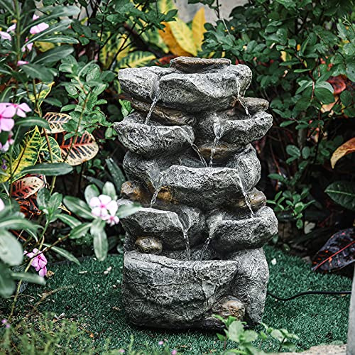 BTGGG Springbrunnen für Außen, Brunnen Garten mit LED Beleuchtung, Zimmerbrunnen für Draußen, Wasserspiel Garten,Wasserfall Brunnen für Garten, Gartenteich, Terrasse, Teich, Balkon Deko, Dunkelgrau
