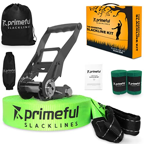 Primeful Slackline Set Komplett - Premium 15m mit Baumschutz & Ratchet System - Outdoor Balance Training für Anfänger & Profis - Made for Germany (Green, No Training line, Only Slackline)