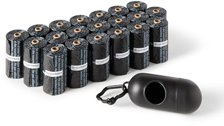 Amazon Basics Hundekotbeutel mit Spender und Leinenclip, Unparfümiert, 300 Beutel (20 Packungen mit je 15 Beuteln), Schwarz