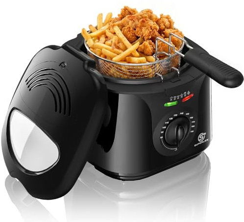 SUPERLEX Friteuse mit Fett 2L Edelstahl 1300W Elektrische Kompakte Mini Fritteuse Öl mit Temperaturregelung für Knusprige Pommes Frites Hähnchen Fisch Snacks Ideal für Küche Haushalt und Gastronomie