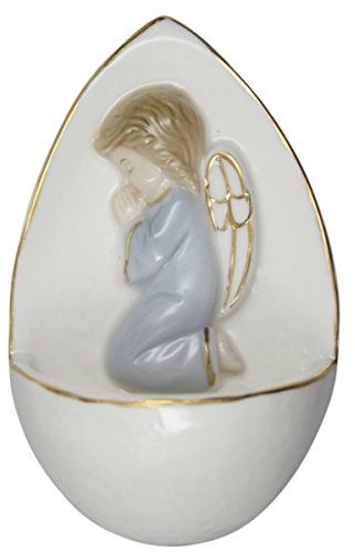 MaMeMi Weihkessel Porzellan mit Engel betend in BLAU – 10,5 cm – handbemaltes WEIHBECKEN mit GOLDRAND – für Wand & WEIHWASSER – christliches Geschenk zur Taufe, Kommunion, Geburt
