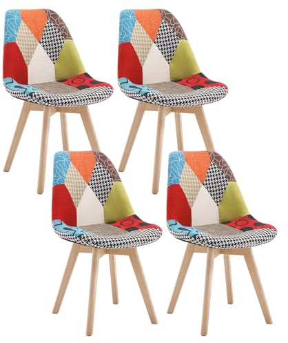 WOLTU Esszimmerstühle 4er Set, Küchenstühle mit Patchwork Design, mit Massivholz Beinen, Leinen, bis 150 kg belastbar, Mehrfarbig