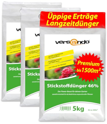versando 15kg Stickstoffdünger bis 1500m²: 46% UREA Stickstoff für Rasen, | Gemüse, Blumen von Frühjahr bis Herbst, fördert üppiges Blattwachstum mit Langzeitwirkung - Premium Qualität