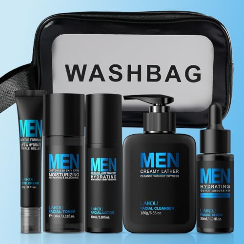 LAIKOU Gesichtspflege Set Männer Geschenk 5 Stück Skincare Routine Set Men | Gesichtsreiniger, Toner, Serum, Augencreme, Feuchtigkeitscreme, Tasche, Geschenke für Herren Geburtstag Weihnachtsgeschenke