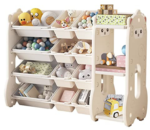 Wooru Kinderspielzeugregal mit abgerundeten Ecken, Spielzeug-Organizer mit 4 Ablagen, Bücherregal für Kinder, Aufbewahrung von Büchern & Spielzeug im Kinderzimmer, multifunktionale Ablage,Beige