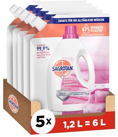 Sagrotan Wäsche-Hygienespüler Sensitiv Nachfüller – Desinfektionsspüler für hygienisch saubere und frische Wäsche – 5 x 1,2 l Reiniger im praktischen Vorteilspack