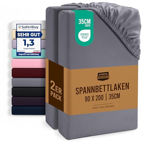 Utopia Bedding - 2er Set Spannbettlaken 90x200cm - Grau - Gebürstete Mikrofaser Spannbetttuch - 35 cm Tiefe Tasche