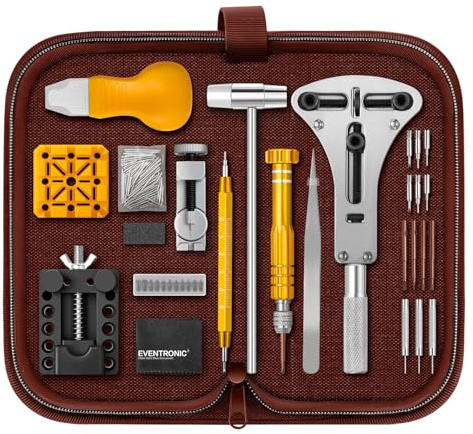 Eventronic【Neu Upgraded Uhrenwerkzeug Set, Uhr Batteriewechsel Werkzeug Uhren Reparatur, Uhrmacherwerkzeug Set mit Uhrenoffner öffner, Schraubendreh, Federstegwerkzeug, Braun Nylontasche