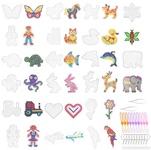 Zefphxs 20 Stück Bügelperlen Platten, 5mm Bügelperlen Schablonen, Transparent, 20 bunte Motivkarten für Kinder