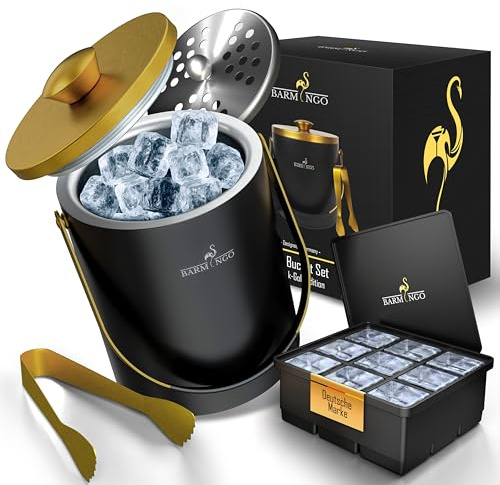 BARMINGO Edelstahl Eiswürfelbehälter mit Deckel - 2l Eiskübel/Eisbehälter für Eiswürfel mit Sieb, Eiswürfelform und Zange | Eiseimer doppelwandig, isoliert, BPA-frei | Ice Bucket groß, Gold
