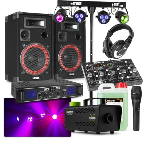 MAX DJ Komplettanlage mit 700W Verstärker, 2 Lautsprechern, Bluetooth Mixer, Lichtanlage & Nebelmaschine – DJ Set für Einsteiger, Partys & Events, Plug & Play