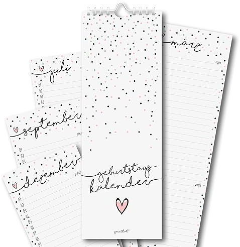 Geburtstagskalender Konfetti-Motiv I Spiralbindung 105 x 297 mm I jahresunabhängig I Dauerkalender für Frauen, WG, Büro die ganze Familie I dv_665