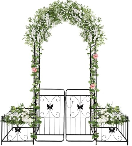 Kalolary 2,2 M Metall Gartenbogen mit Tor und Pflanzkästen | Hochleistungs Gartenlaube für Kletterpflanzen Hochzeit Spalier Torbogen Hochbeet Rosenreben Kletterstütze Terrasse im Freien