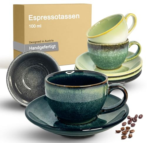 OndaCore Espressotassen Set 100ml, 4er Set mit Untertassen Steingut bunt | Handgefertigte Kaffeetassen aus dickwandiger Keramik, spülmaschinenfest, mikrowellenfest, Espressobecher für Espresso Mokka