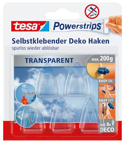 tesa Powerstrips DECO Haken SMALL - Klebehaken für Deko an Glas und Spiegel - bis zu 200 g Haltekraft