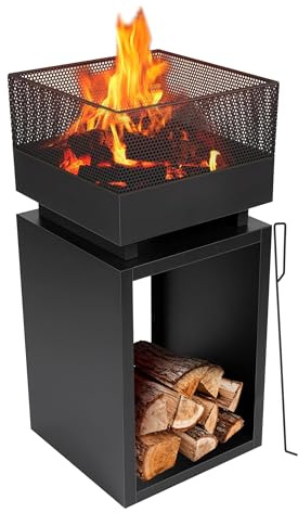 BBQ Collection Feuertonne mit Funkenschutz - Feuerkorb 39 x 39 x 85 cm - Gartenkamin für Brennholz - Terrassenofen mit Schürhaken und Brennholzlager - Deko Terrasse - Karbonstahl