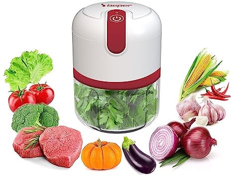 BEPER P102ROB050 Zerkleinerer mit USB-Anschluss, Mini-Küchenmaschine, Kapazität 250 ml, Leistung 3,7 V, 3 Klingen aus Edelstahl, wiederaufladbarer Akku, Rot/Weiß, Weiss