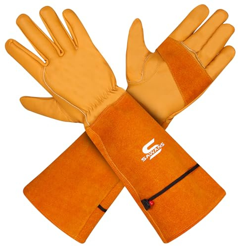 Leder-Gartenhandschuhe für Männer und Frauen, langer Unterarmschutz ornensicher, atmungsaktiv, Rosenschnitt, Gartensicherheit, Arbeitshandschuhe, Mehrzweck-Stulpe mit dicker Handfläche, Gelb, XL, 1