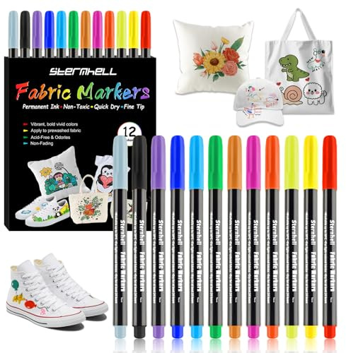 Sternhell 12Farben Textilfarbe Textilmarker Waschmaschinenfest Textilstifte Waschfest Stoffmalstifte, Textilmalstifte Stofffarbe, für T-shirt, Stoffbeutel, Segeltuchschuhe, Einkaufstasche, hellen Stof