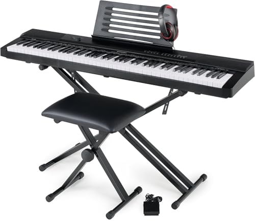 McGrey SK-88 Keyboard Super Kit - Einsteiger-Keyboard in Stagepiano-Optik mit 88 Tasten - 146 Klänge - inklusive Sustain-Pedal, Keyboardständer, Hocker und Kopfhörer - schwarz