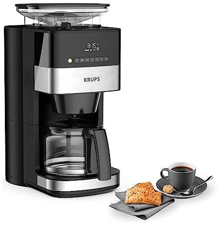 Krups KM8328 Grind Aroma Kaffeemaschine mit Mahlwerk | 24-Stunden-Timer | 180 g Bohnenbehälter | 1,25 L Fassungsvermögen für bis zu 15 Tassen Kaffee | Auto-Off-Funktion | 3 Mahlgrade | Schwarz