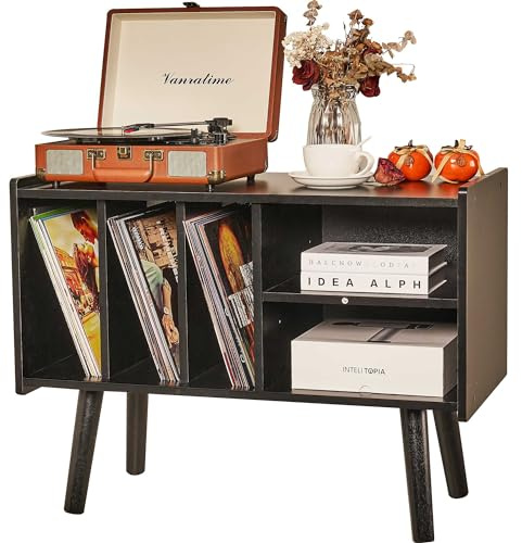 LKKRO Plattenspielerständer mit 4 Schrank für bis zu 220 Alben, Mid-Century Plattenspielertisch, schwarzer Vinylhalter, Aufbewahrungsregal für Schlafzimmer, Wohnzimmer