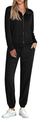 Terecey Jogginganzug Damen Langarm Trainingsanzüge Activewear Set Einfarbig Zweiteiler Streatwear Sportbekleidung Komfortables Stehkragen Jacke und Hose fur Sport Jogger Training, Schwarz L