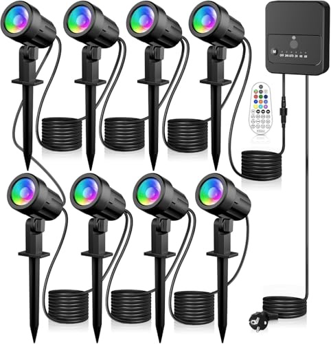 MEIKEE Gartenbeleuchtung RGB Mit Fernbedienung 10 Farben 30 Dynamische Modi IP66 Wasserdicht Timing-Funktion Gartenleuchte RGB Ideal für Außen, Garten, Terrasse, Baum, Wegen 8 Stück mit EU Stecker