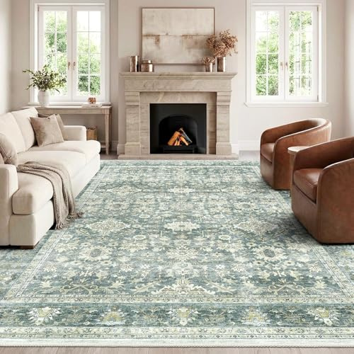 HOMFINE Vintage Teppich Wohnzimmer Grün 160x230 cm - Waschbarer Kurzflor mit Rutschfester Unterseite, weicher Boho Retro für Schlafzimmer Esszimmer Flur
