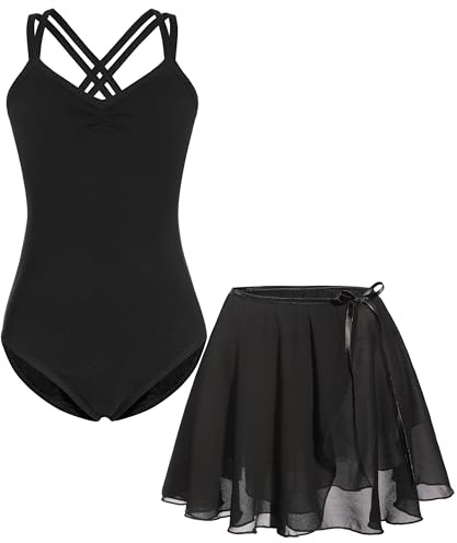 FONLAM Ballettkleid Ballettkleidung Turnanzug Mädchen Baumwolle Tanzkleid Ballett Trikot Ballettrock Gymnastikanzug (Schwarz, 11-12 Jahre)