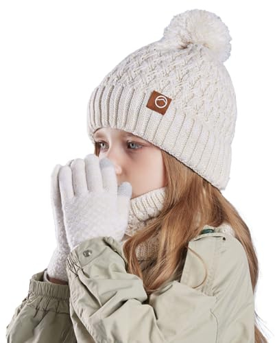 Kinder-Wintermütze, Schal und Handschuhe, warme Thermo-Strickmütze, Halswärmer, Touchscreen-Handschuh mit weichem Fleecefutter, für Mädchen und Jungen, Alter 4–10 Jahre