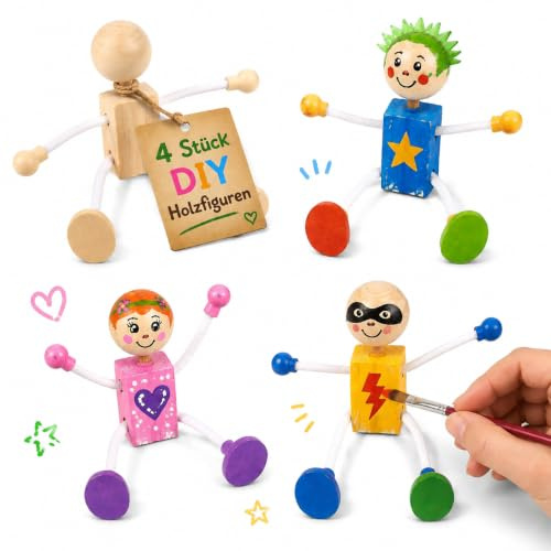 Healifty 4 Stück DIY Holzfiguren, Biegepuppen Holzfiguren zum Bemalen, Naturholz Figuren zum Bemalen für Kinder DIY-Set für Tischdekoration & Bastelprojekte