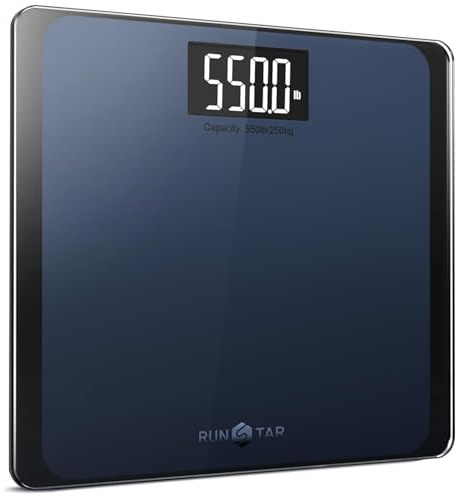 RunSTAR Digitale Personenwaage, hochpräzise Sensoren, 8 mm Sicherheitsglas, Tragkraft bis 250 kg, mit extragroßer Trittfläche und großem LCD-Display, Step-on-Technologie, blau-schwarz