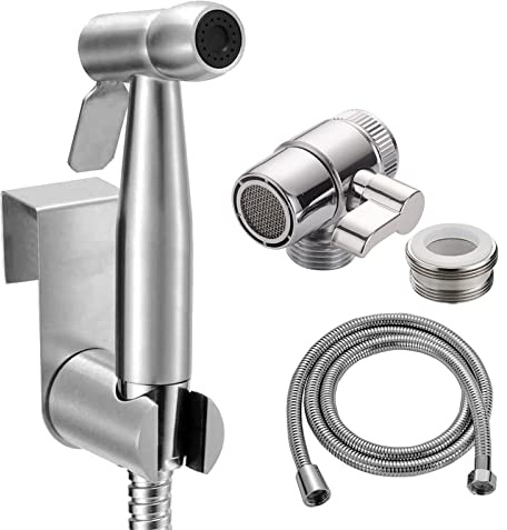Bidet Edelstahl Handbrause, Muslimische Edelstahldusche und Baby Stoffwindelsprüh Kit mit M22 x M24 Wasserhähn Duschschalter Diverter Ventil, Schlauch und Hakentoilette Oder Wandhalterung